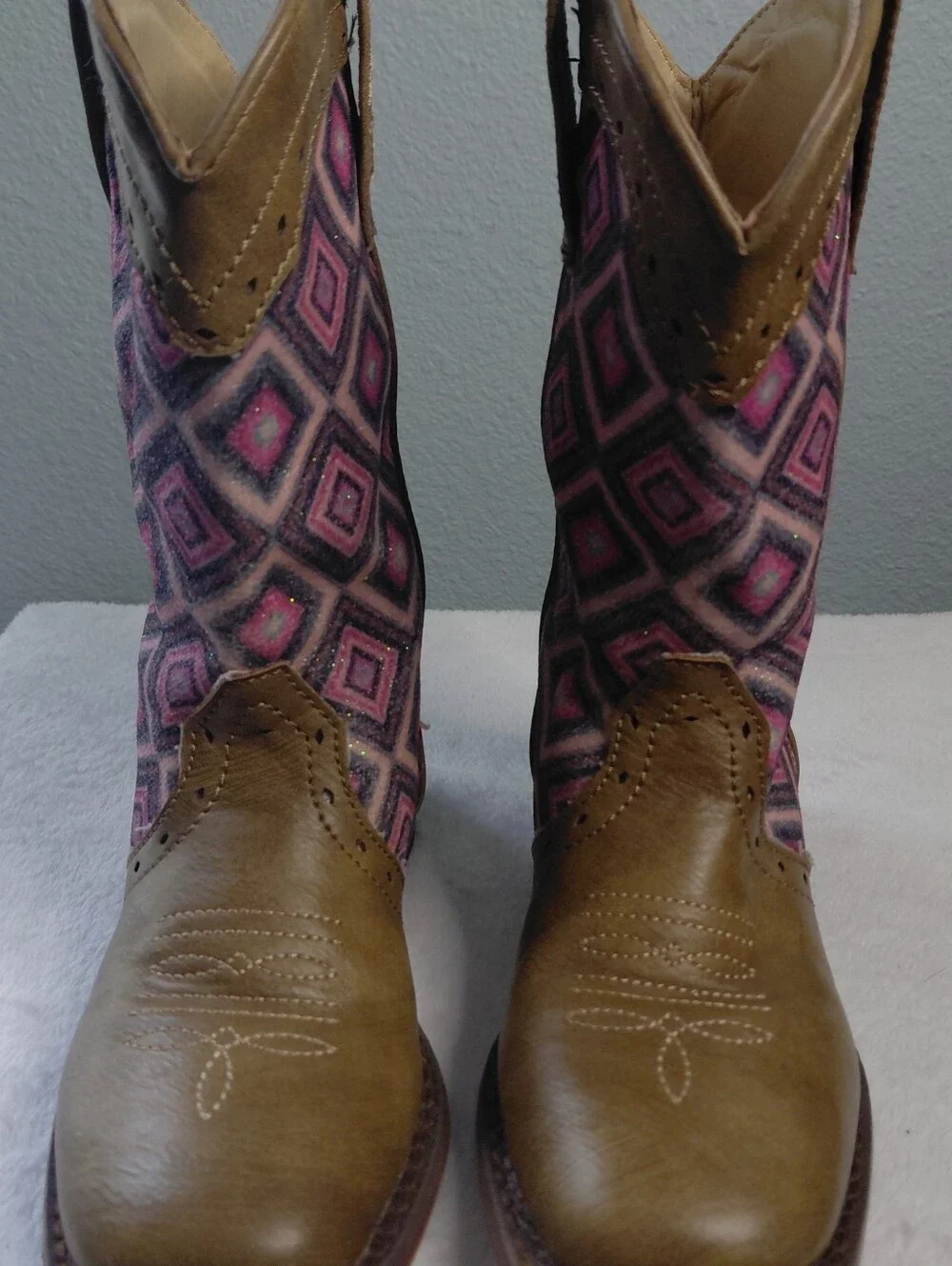 Roper Patterned Glitter Pink and Brown Western Cowboy Boots Girls Sz 12